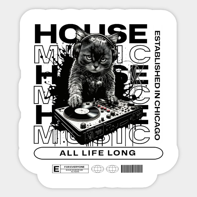 HOUSE MUSIC  - Cat Dj Text Overlap (Black) Sticker by DISCOTHREADZ 